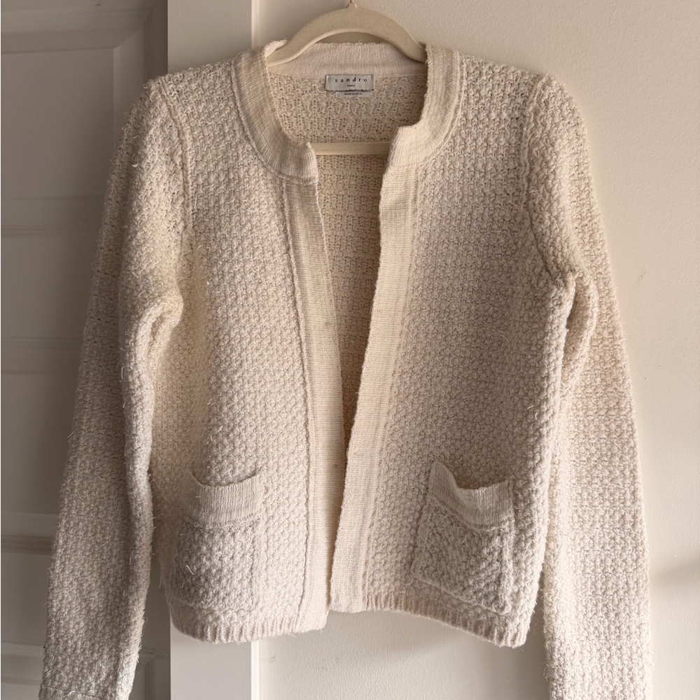 Sandro Ivory Textured Open-Front Bouclé Cardigan